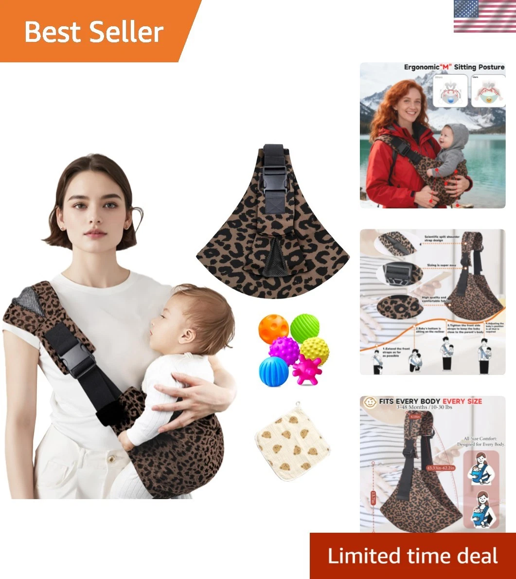 Leopard Print Adjustable Baby Carrier - Comfortable 3-in-1 Wrap for 10-45 lbs