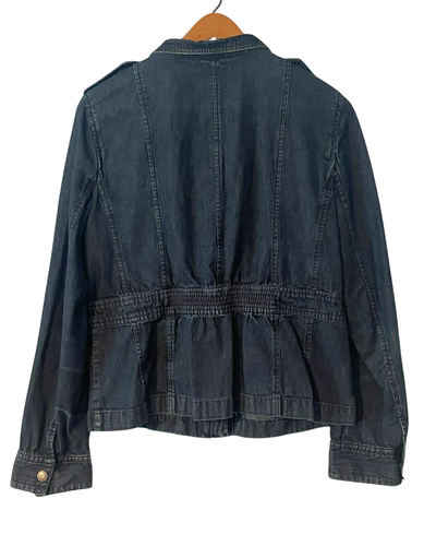 Ann Taylor Sz 10 Denim Jean Jacket Mid Length Elastic Waist Back Peplum Dk Blue - Picture 3 of 13