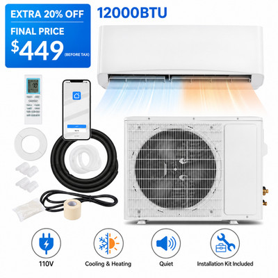 12000 BTU Mini Split AC, Wall Air Conditioner w/Heating Pump, WiFi & App Enabled