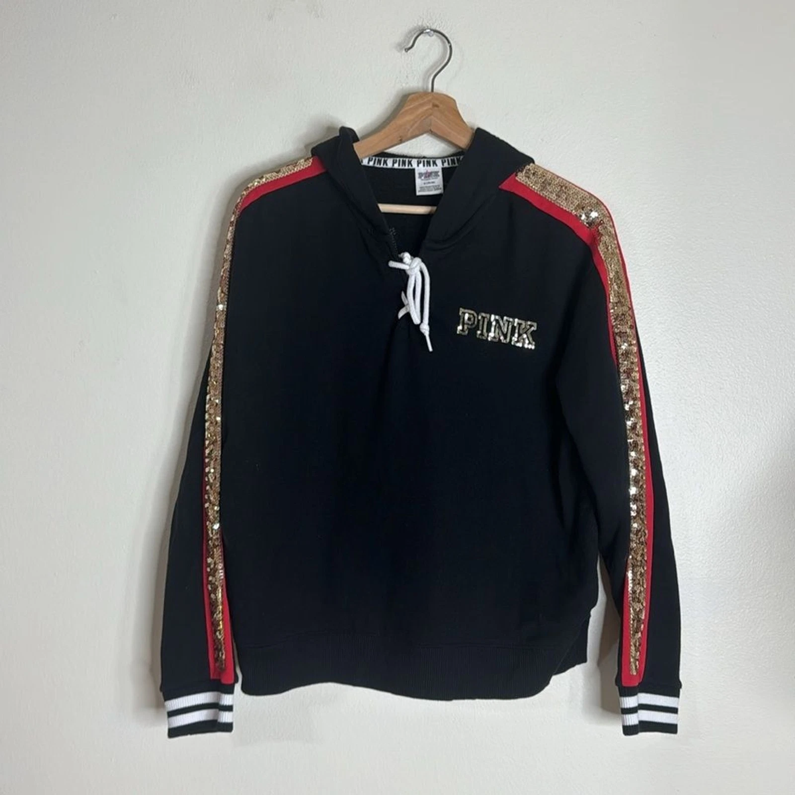 UNDERCOVER Felpa con cappuccio Victoria Secret rosa donna amore rosa stringata nera taglia media rose paillettes