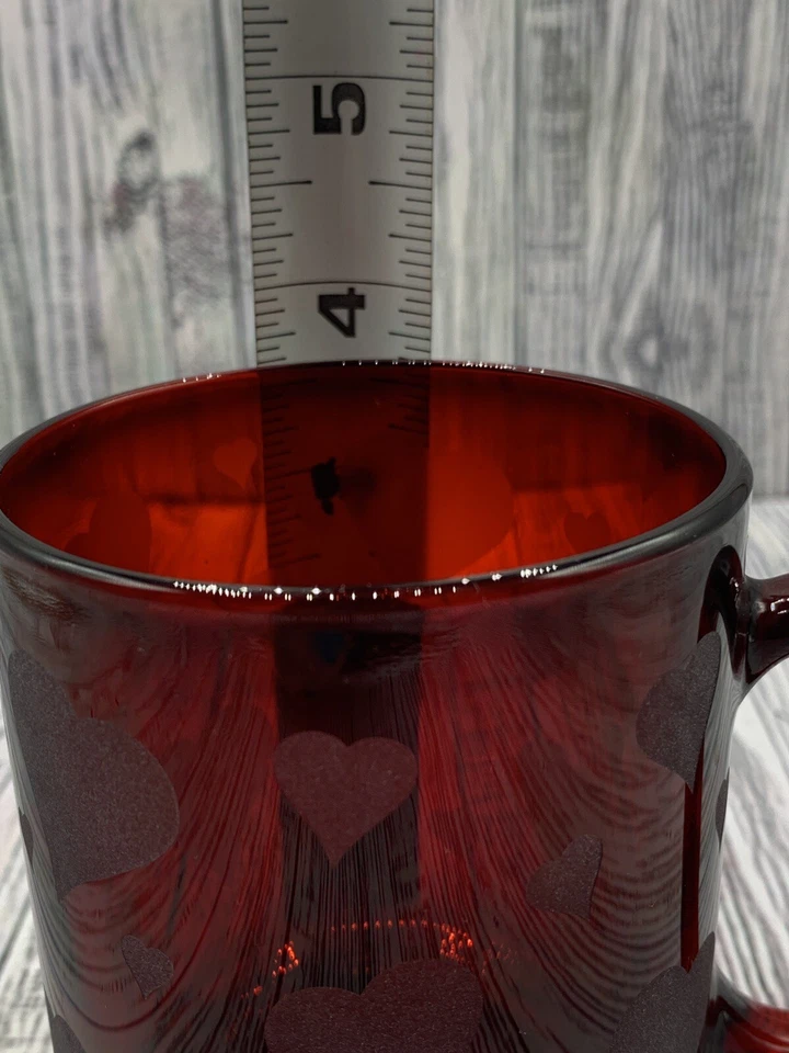  Vtg Ruby Red Glass with Etched Hearts 8oz Coffee/Tea Cup Made in France  - Image 4 of 4