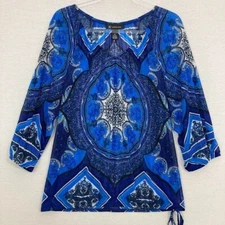 INC International Concepts Blue Mesh Nylon Stretch Abstract Print Boho Top XL