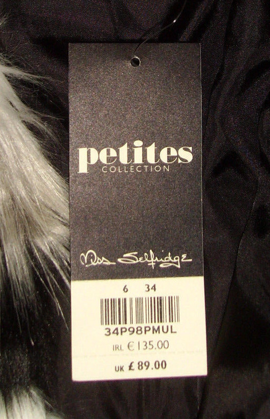 PETITES MISS SELFRIDGE LONDON FUR JACKET FAKE FUR BLACK AND WHITE 34 S NEW!! Excellent!! image 4