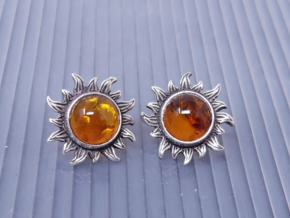 Pendientes perforados vintage de plata esterlina ámbar amarillo sol Foto 2 de 4