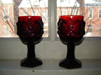 Nice Pair Wheaton Glass Avon Ruby Red Cape Cod 3 oz. Wine Goblets