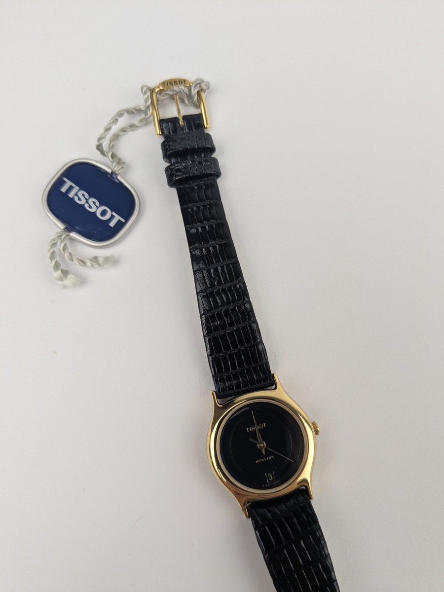 Vtg NEW OLD STOCK Tissot Stylist Gold Tone Watch Date Black Vtg NEW OLD STOCK Tissot Stylist Gold Tone Watch Date Black