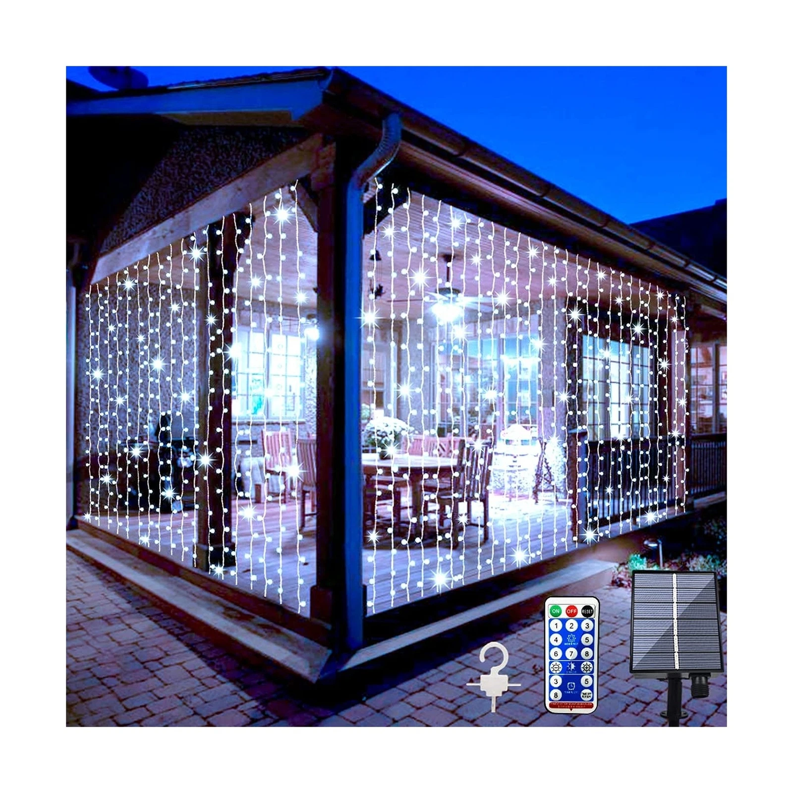 Solar Curtain Lights Outdoor Garden 300 LED Fairy String Lights 8 Modes Remot...