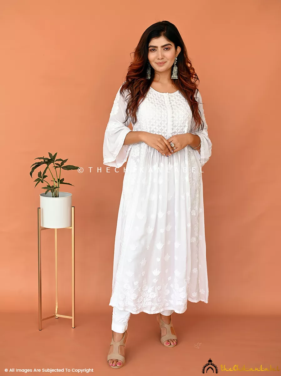 Women Handmade White Chikankari Muslin Gown Kurti Ethnic Wear Lucknowi  Chikan Kurti Gown Traditional Wear Chikan Dress - Etsy