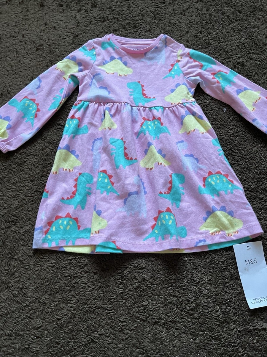 BNWT M&S Baby Girls Age 12-18 Months Pink Multi Long Sleeved Dress