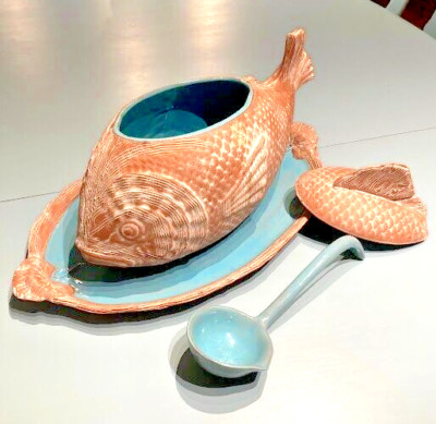 Fish Soup Tureen Serving Dish Terracotta Ceramic Teal inside w/ Ladle Lid & tray
