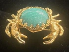 Vintage Gold Tone Crab Brooch Pin Large Green Cabochon Costume Jewelry Statement
