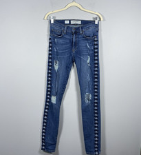 Miss Me Vintage Sophie Triangles Embroidered Distressed Skinny Jeans Women's 28