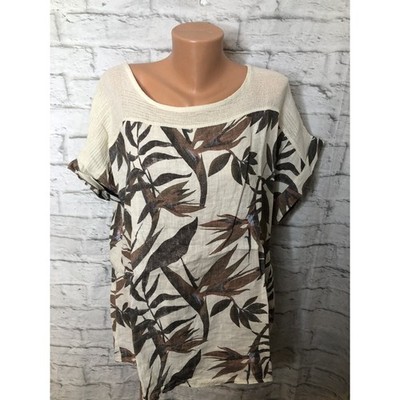 LUNGO L ARNO Women s 100% Linen Ivory Brown Palm Print Lagenlook Tunic Size 1X