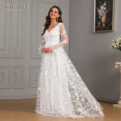 V Neck Lace A Line Wedding Dresses for Bride Backless Tulle Sweep Train