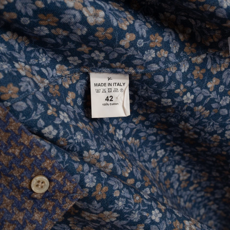 Camisa Deportiva Isaia Napoli Talla 16.5 Hombre Marrón Azul Estampado Geométrico Algodón Franela Foto 4 de 4