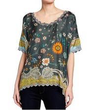 JOHNNY WAS 100 Silk Adalee Floral Print Silk Blouse Embroidered Size Small