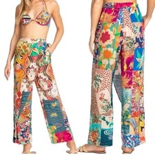 Johnny Was Boho Side Wrap Pants Size M Colorful Patchwork Floral Tropical Beach