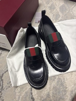 New Gucci Women's Platform Leather Loafer Shoes 806399 Black size UK37/US7