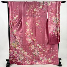 Pink Silk Furisode Kimono Long Sleeves Used 171cm Length Traditional Japan