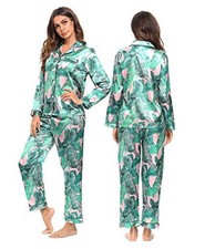 Womens Silk Satin Pajamas Set Long Sleeve Button Down Large Pink Leaves