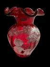 Fenton Mary Gregory Cranberry Crimp Rim 6.75” Vase Hand Painted Signed & Num