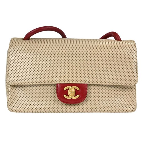 Chanel Beige Red Patent Leather Medium Single Flap Shoulder Bag 118101