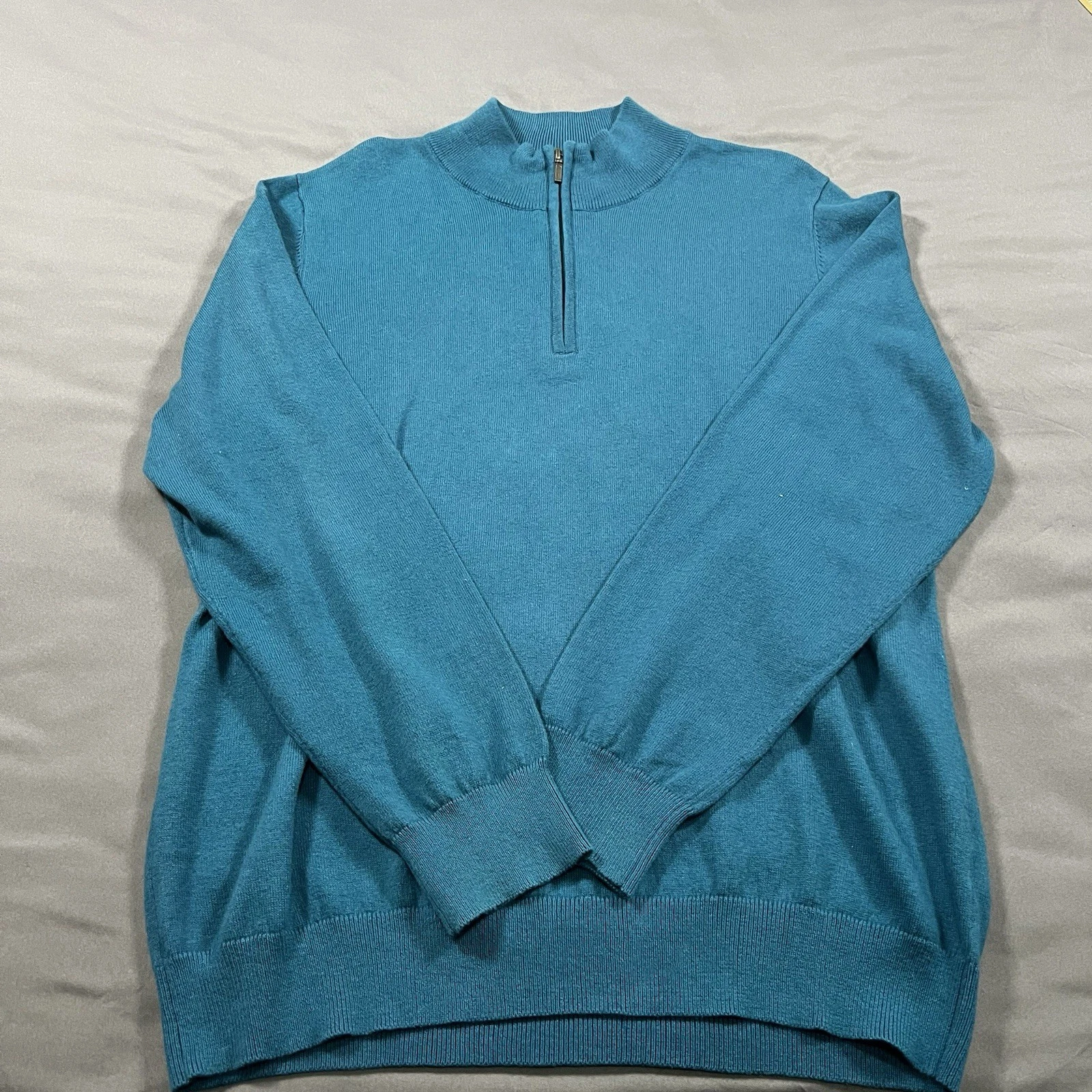 L.L. Bean Mens Quarter Zip Sweater Blue Cotton Cashmere Blend Medium Regular