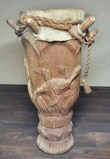 VTG Kpanlogo tribal drum with sea serpent and sea turtle hand Carved 15" Wood