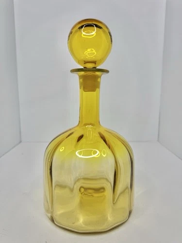 HTF Vintage MCM Blenko Glass 6942 Optic Decanter In Lemon 11.75” W/stopper
