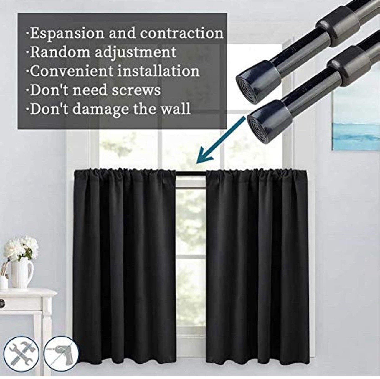 Adjustable Tension Rods Curtains Closets Coat Hanger Shoe Rack No Drill 2Pcs New