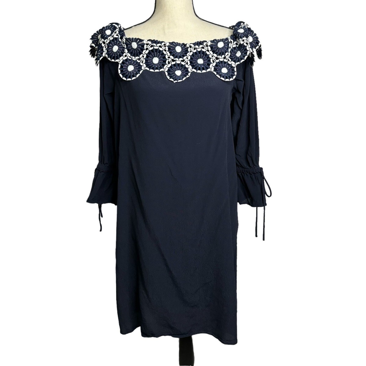 Loft Dress Womens Medium Blue Off Shoulder Circle Lace Yoke Tie Sleeves