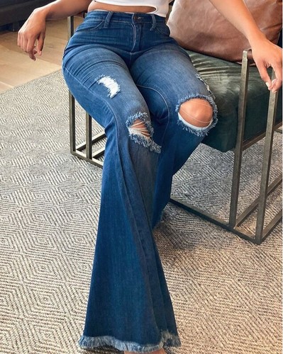 Fashion Girl Ripped Flare Jeans Bell-Bottoms Skinny Denim Pants Casual Trousers - Picture 10 of 10