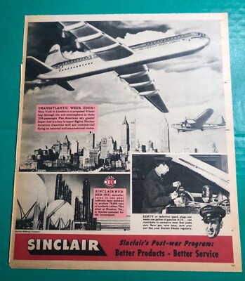 1945 Sinclair Aviation Airplane Gasoline & Rubber Co print ad 12x10.5  2D23