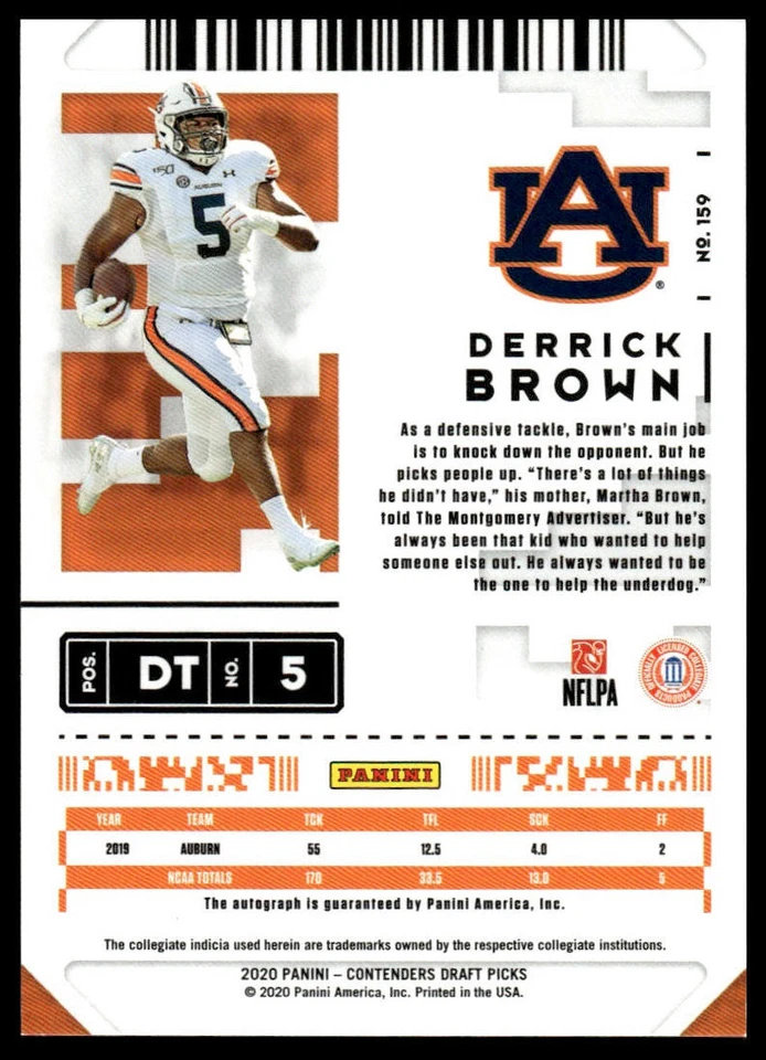 2020 Panini Contenders Draft Picks #159 Derrick Brown - Image 2 of 2