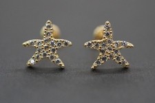 14K Solid Yellow Gold 8MM Starfish CZ Women Children Screw Back Earrings.