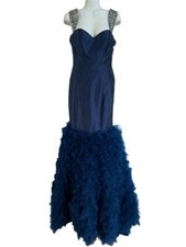 Navy Blue Beaded Shoulder Satin Crepe Tulle Ruffle Gown Size 4 399 Prom Dress