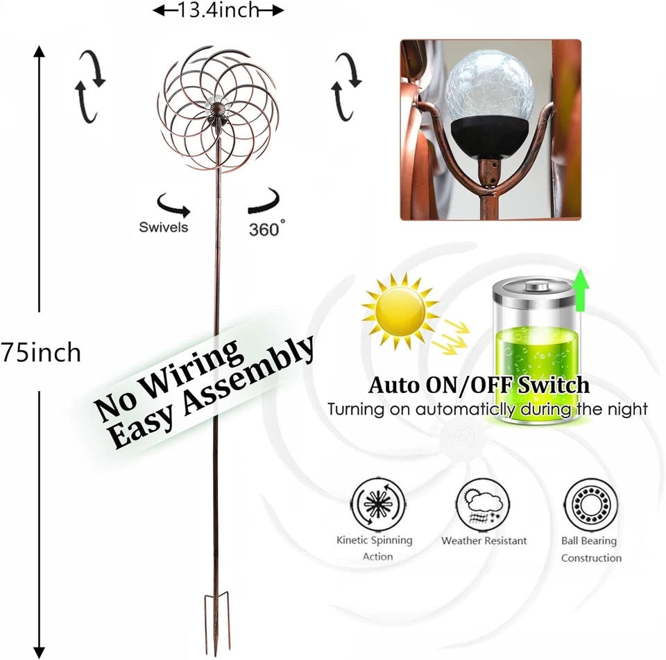 太阳能螺旋青铜动能双风万向轮花园桩金属庭院艺术 75 — 第 4/4 张图片
