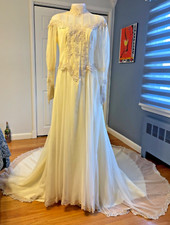 1950'S USA HANDMADE Victorian Lace BEAD Bridal Gown Wedding Dress-SZ 13
