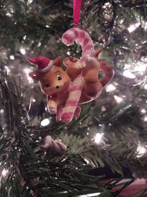 Cat And Mouse Candy Cane Hanging Christmas Ornament With Spring Attachment Mouse