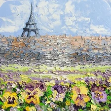 Eiffel Tower Paris – 10x10 Original Impasto Painting with Flowers, Signed Art