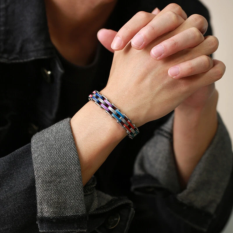 Motorbike Chain Link Gear Men Bracelet Rainbow Pride Men Gay Gift