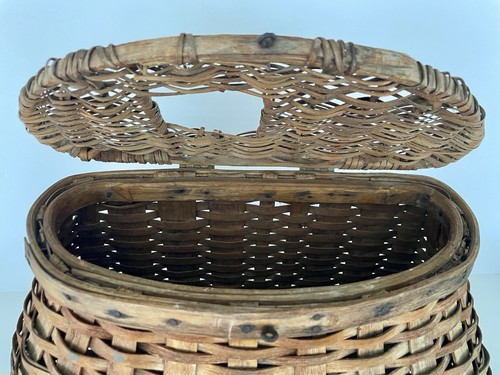 Antique fishing creel basket splint woven patina fly sports Door Decor Basket - Picture 10 of 19
