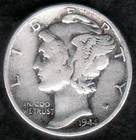 1944 US War Time Mercury Silver Dime, Fine with Nice Toning, KM 140