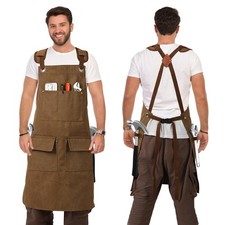 Men's Khaki Canvas Woodworking Apron with Tool Pockets Thick Work Shop Apron