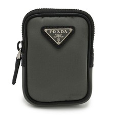 Prada Nylon Leather Triangle Logo Pouch Women Grey One Size