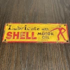 Vintage 1937 Shell Lubricate With Motor Oil Cast Iron Enamel Sign