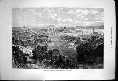 Original alter antiker Druck St John New Brunswick teilweise durch Feuer zerstört 1877