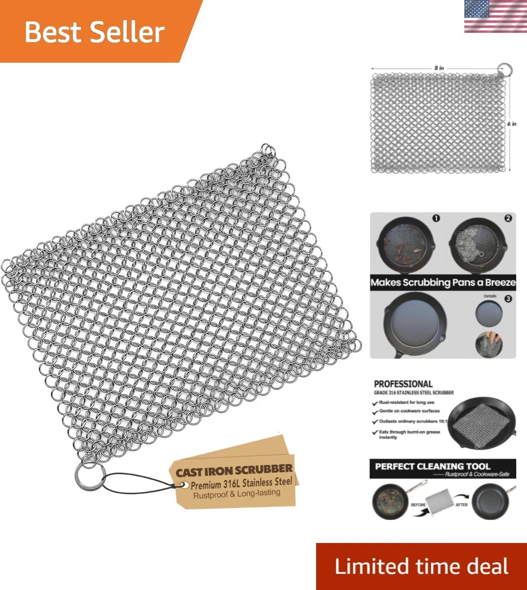 Cast Iron Scrubber 316 Stainless Steel Skillet Cleaner 8"x6" Chainmail Scrubb...