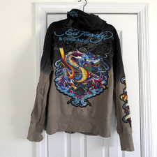 VTG Y2K Ed Hardy Christian Audigier Rhinestone Dragon Hoodie Sweatshirt Mens XL