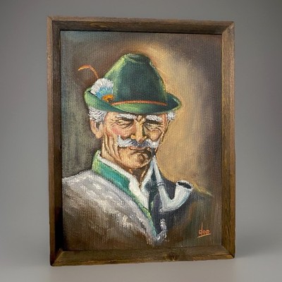 Incredible Bavarian Man Oil On Board Artist Signed Painting 16.5x13 Rustic Wood